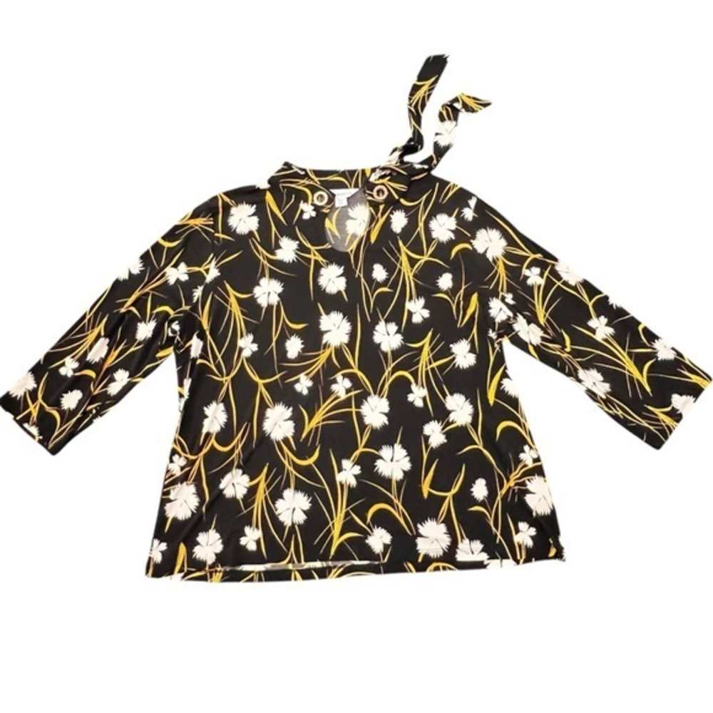 Liz Claiborne Floral Blouse 3/4 Sleeve Grommet Neck Scarf‎ Size XXL Yellow Black